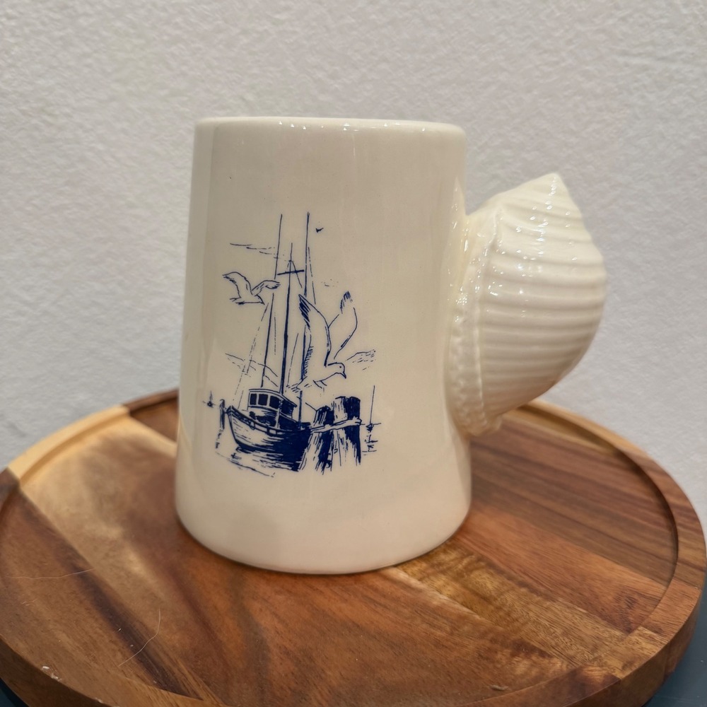Vintage California Artisan Pottery Mug Conch Shell Handle Nautical Boat Blue